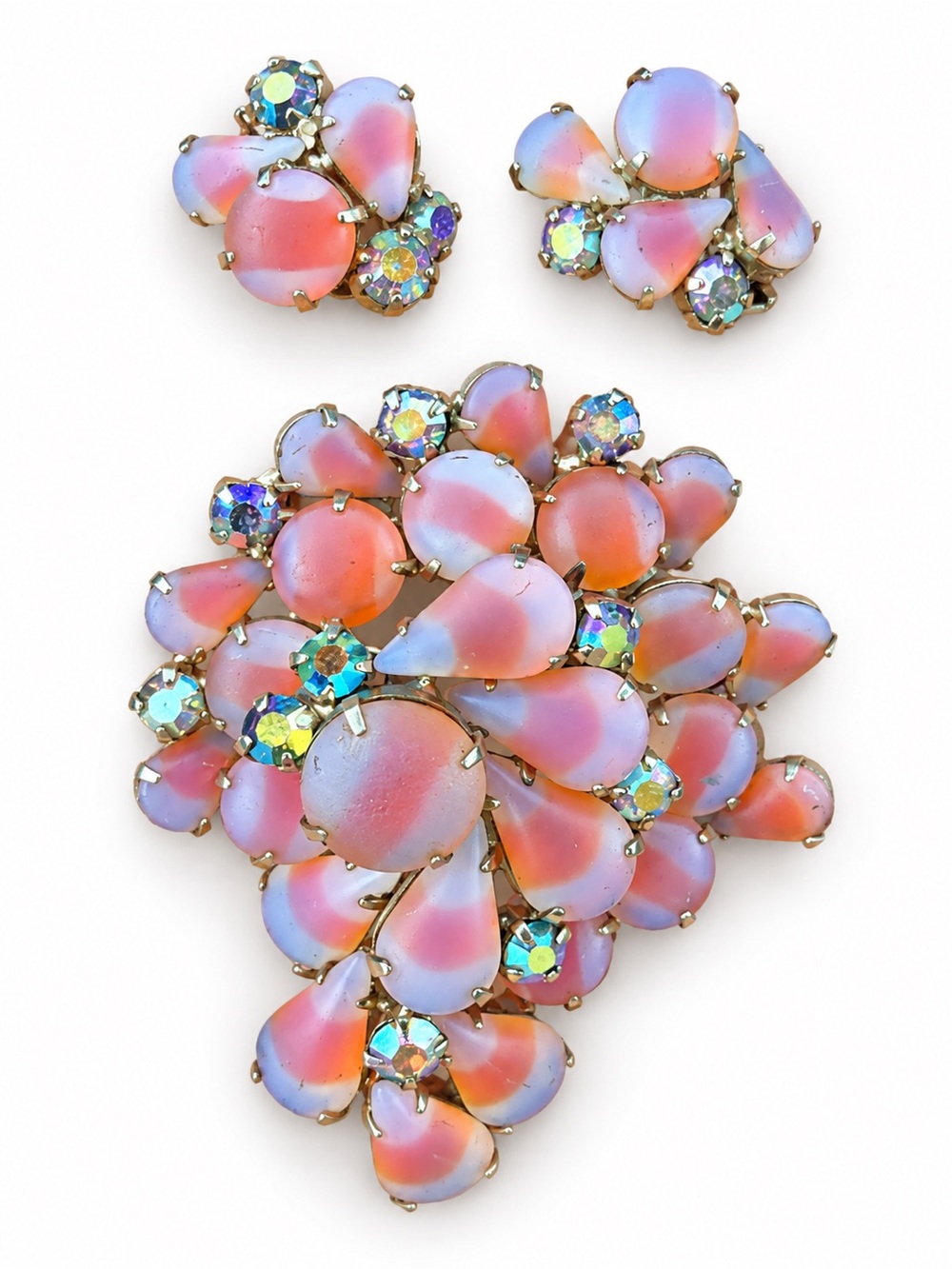 Vintage Givré Glass Brooch & Clip Earrings Set Pink AB Rhinestone